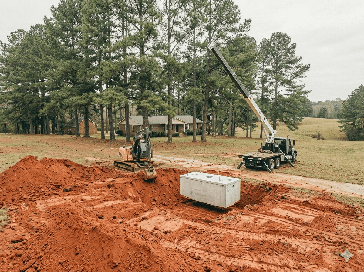 Septic installation site preparation and tank placement setup